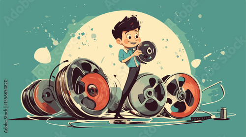 Vintage Film Reel with Painter Cartoon Character - Creative Concept for Media Production