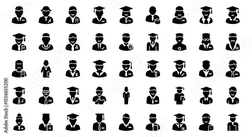 Vector Icons Set of Black and White People Avatars with Professions and Graduation Caps Icon Set. Vector Illustrations. EPS Editable