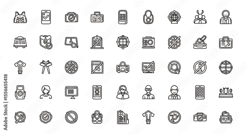 Vector Icons Set of Collection of 48 Linear Style Black Icons Travel Technology and Business Symbols. Vector Illustrations. EPS Editable