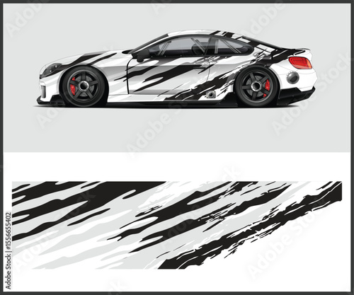 Abstract Car Wrap Design with Black and White Graphics