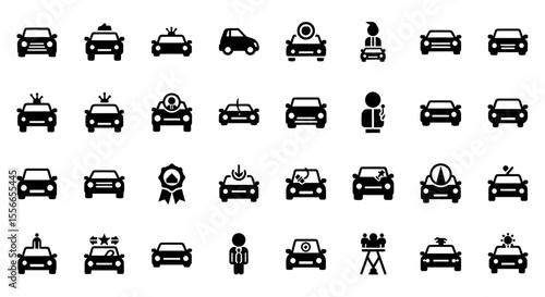 Vector Icons Set of Collection of Black and White Car Icons with Various Accessories and Actions. Vector Illustrations. EPS Editable