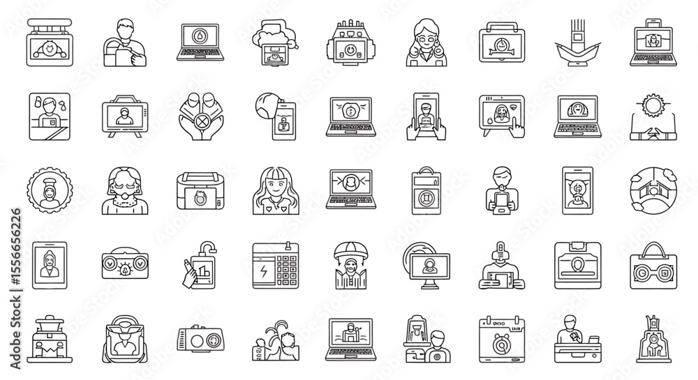 Vector Icons Set of Collection of Diverse Line Art Icons Depicting Online Communication Technology and Identity. Vector Illustrations. EPS Editable Vector Icons Set of Collection of Diverse Line Art Icons Depicting Online Communication Technology and Identity. Vector Illustrations. EPS Editable