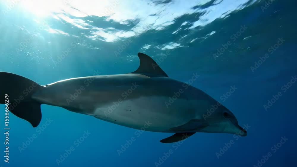 A lone dolphin gracefully swims beneath the ocean's surface, with the sun filtering through the water. Capture the mesmerizing beauty of marine life in its natural habitat. A lone dolphin gracefully swims beneath the ocean's surface, with the sun filtering through the water. Capture the mesmerizing beauty of marine life in its natural habitat.