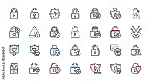 Vector Icons Set of Collection of Diverse Linear Padlock Icons Open Closed Secured and Warning Symbols. Vector Illustrations. EPS Editable