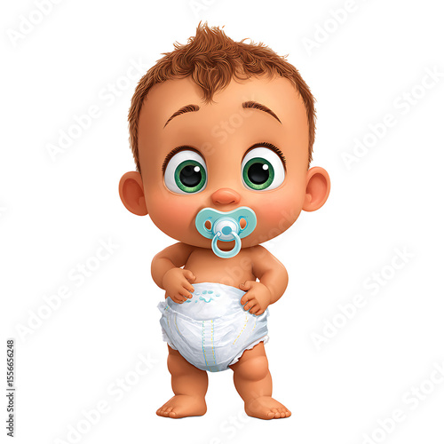 Cartoon baby with brown hair and green eyes wearing a diaper and holding a pacifier in its mouth