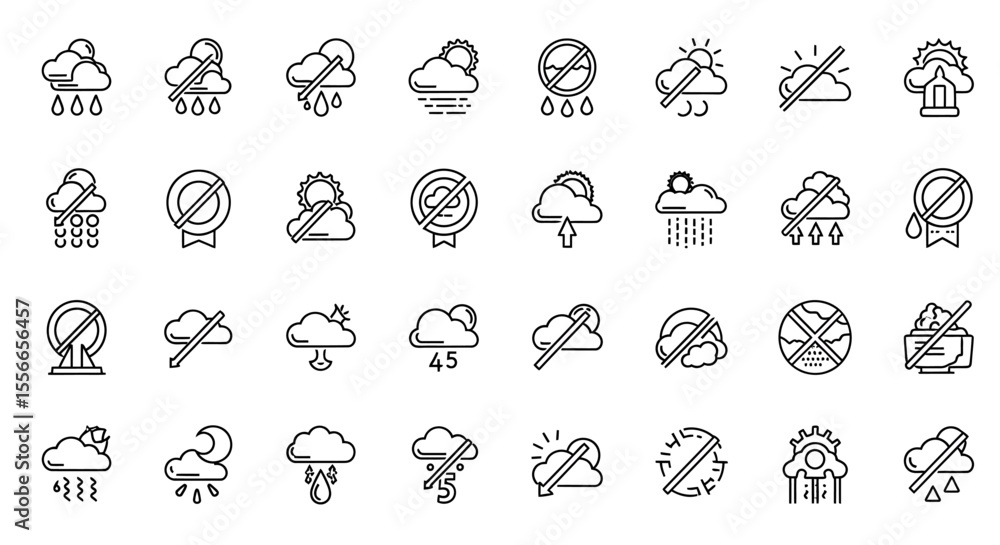 Vector Icons Set of Collection of Line Art Weather Icons Sun Cloud Rain Snow and No Weather Symbols. Vector Illustrations. EPS Editable Vector Icons Set of Collection of Line Art Weather Icons Sun Cloud Rain Snow and No Weather Symbols. Vector Illustrations. EPS Editable