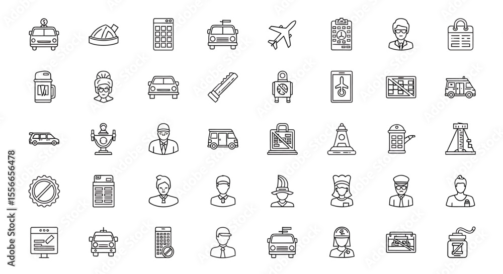 Vector Icons Set of Collection of Linear Black Airport and Transportation Icons. Vector Illustrations. EPS Editable Vector Icons Set of Collection of Linear Black Airport and Transportation Icons. Vector Illustrations. EPS Editable