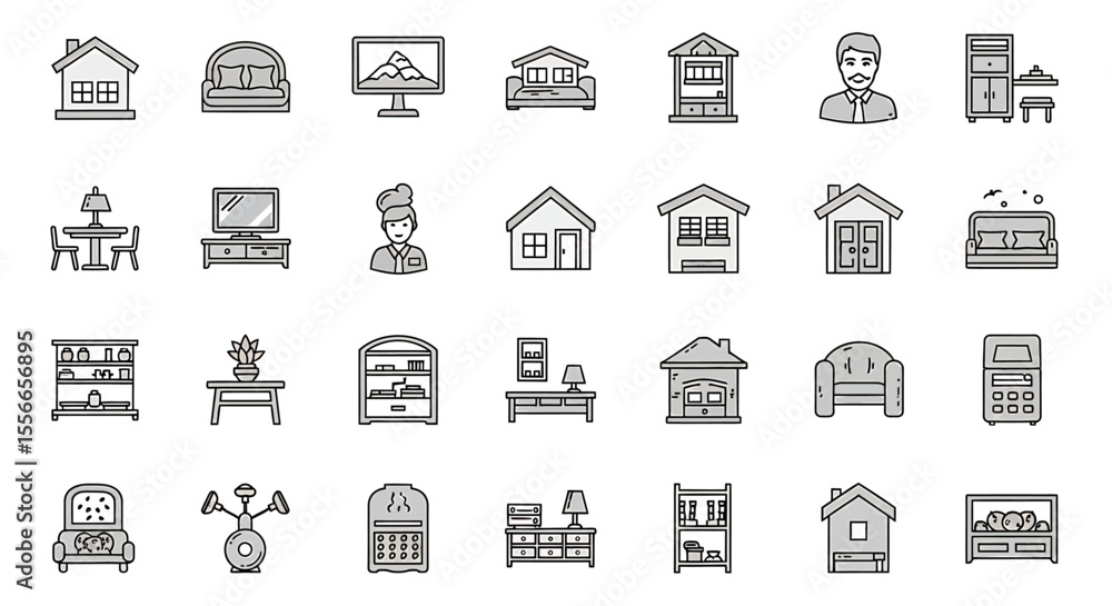 Vector Icons Set of Collection of Monochrome Home Furnishings and Structures. Vector Illustrations. EPS Editable Vector Icons Set of Collection of Monochrome Home Furnishings and Structures. Vector Illustrations. EPS Editable