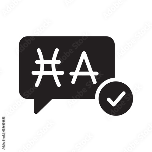 Grammar check solid glyph icon with hashtag and approved mark for language proofreading correct text and validated communication content symbol vector