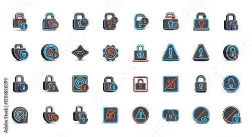 Vector Icons Set of Collection of NeonColored Padlock Icons with Various Security Settings. Vector Illustrations. EPS Editable