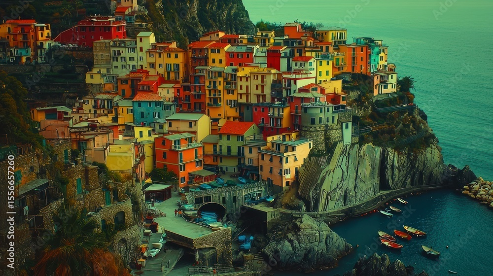 Coastal village on cliff, colorful buildings Coastal village on cliff, colorful buildings