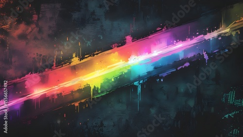 A vibrant diagonal light leak exhibiting a rainbow gradient.