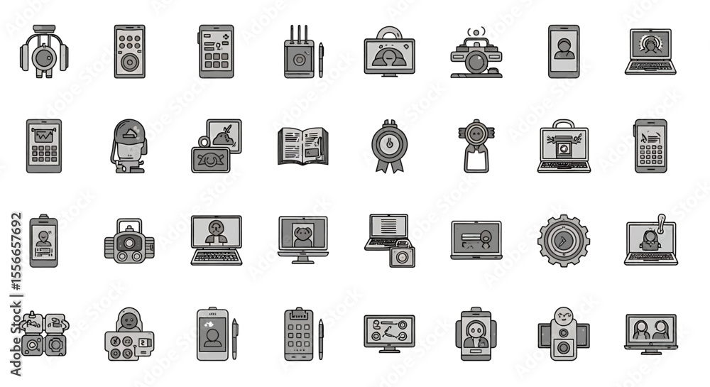 Fototapeta premium Vector Icons Set of Gray Icon Set Diverse Technology and Communication Devices Gadgets and Tools. Vector Illustrations. EPS Editable