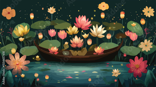 Colorful Floral Raft Loy Krathong Vector Illustration