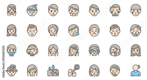 Vector Icons Set of Diverse Collection of Sad and Emotional Human Faces Various Ages and Genders. Vector Illustrations. EPS Editable