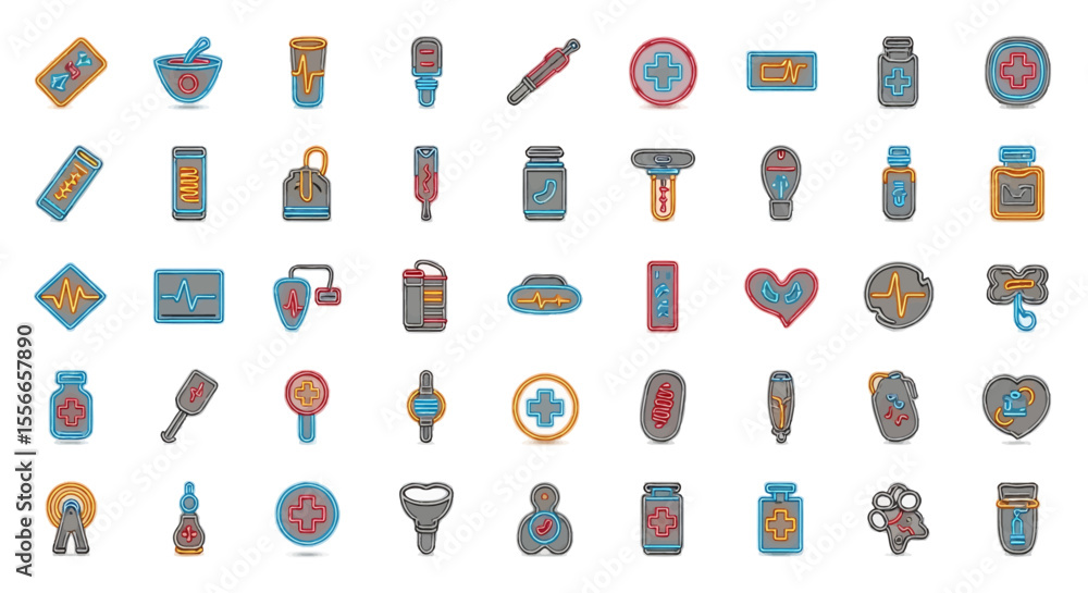 Fototapeta premium Vector Icons Set of Medical Icon Set with Neon Outlines Health Medicine and Wellness Symbols. Vector Illustrations. EPS Editable