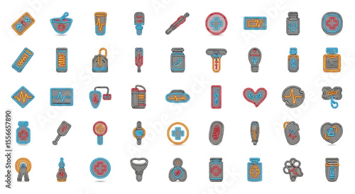 Vector Icons Set of Medical Icon Set with Neon Outlines Health Medicine and Wellness Symbols. Vector Illustrations. EPS Editable