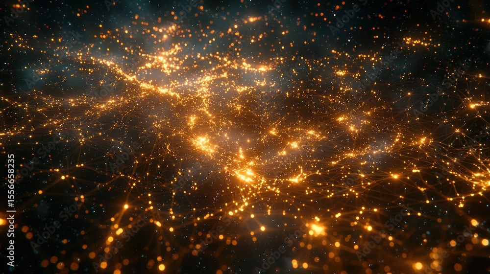 Naklejka premium Connected gold nodes glow, a web spanning darkness