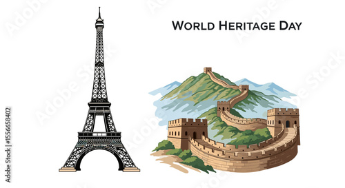 Illustration showcasing eiffel tower and great wall of china for world heritage day celebration event theme