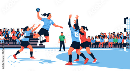 A handball match in progress with a player jumping to throw the ball and a referee watching closely game play