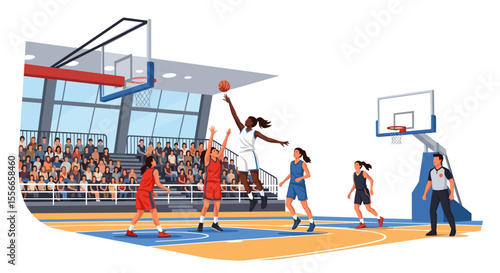 Female basketball players competing on a court with spectators and a referee in an indoor stadium setting