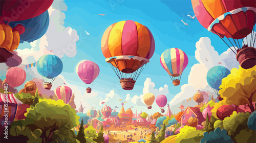Colorful Hot Air Balloons Flying at Carnival Fun Fair Festival