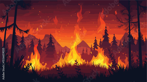 Forest Fires Burn Flat Vector Illustration