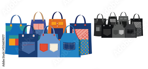A collection of illustrated aprons with various styles and colorful designs representing diverse options for cooking and crafting.