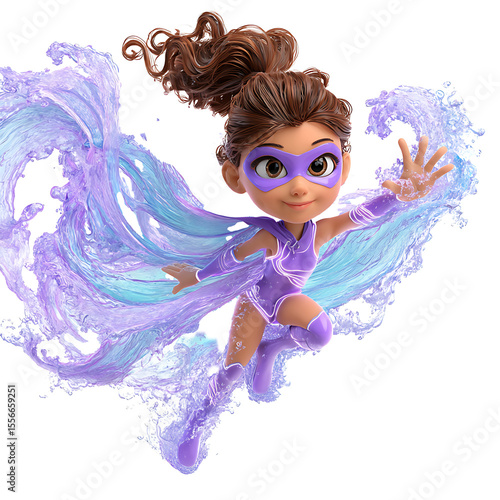 Animated superhero girl with water powers wearing purple costume and mask in dynamic pose