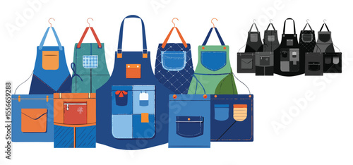 A collection of stylish aprons in various colors and designs with a clean and minimalist illustration aesthetic.