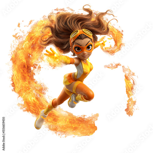 Cartoon girl with goggles and fire powers in action pose on a transparent background image style