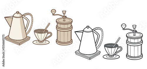 An illustration depicting coffee brewing equipment including a coffee pot coffee cup and manual grinder