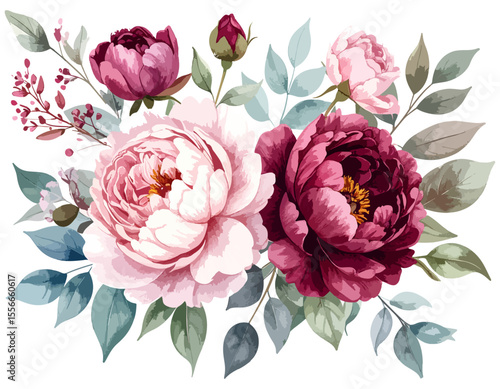 Elegant Peonies Floral Bouquet Illustration Pink and Burgundy Blooms, watercolor flowers, vector watercolor flowers, Beautiful vintage flower, Watercolor flower collection
