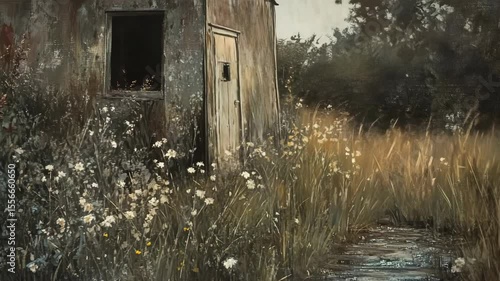 A painting of an old building in the middle of a field