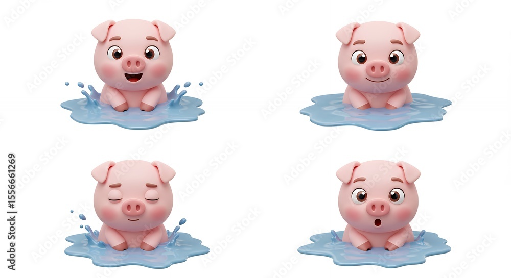 Four cartoon pig expressions in water Four cartoon pig expressions in water