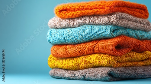 Cozy knitted sweaters stacked in vibrant colors against a solid blue background