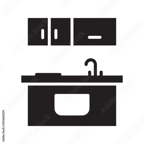 Kitchen interior solid glyph icon with cabinet sink and countertop for home furniture design cooking area and modern house appliance vector