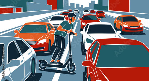 Electric scooter rider cutting dangerously between cars in traffic, ignoring lanes  