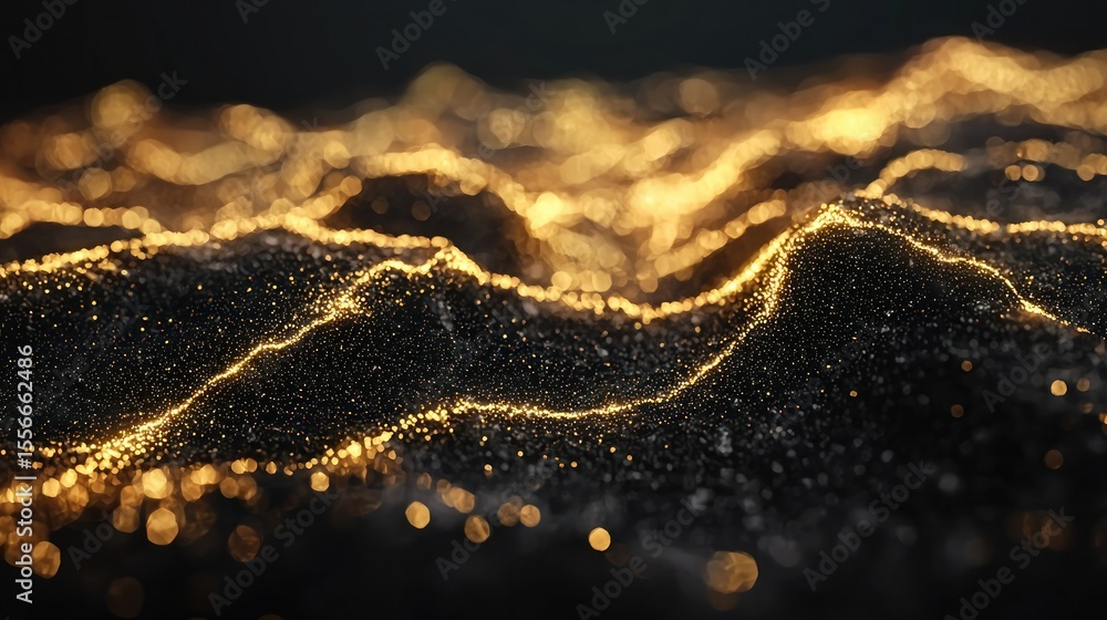 Golden light highlights dark, grainy, flowing mountains Golden light highlights dark, grainy, flowing mountains