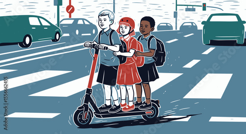 Three schoolers riding on a single electric scooter without helmets