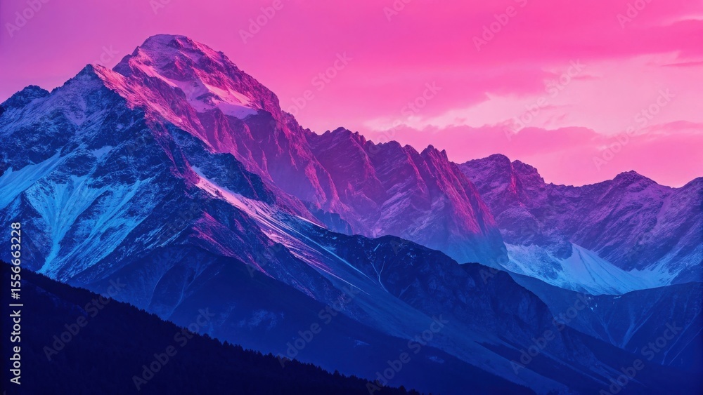 Fototapeta premium Majestic mountains bathed in a vibrant pink and blue sunset, creating a dynamic, abstract, and otherworldly landscape.