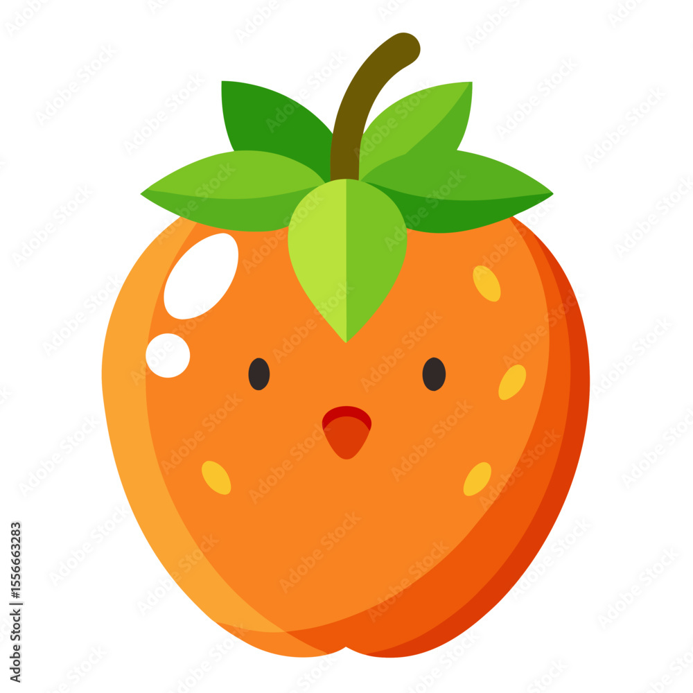 Cute cartoon orange fruit character with a happy expression and green leaves Cute cartoon orange fruit character with a happy expression and green leaves