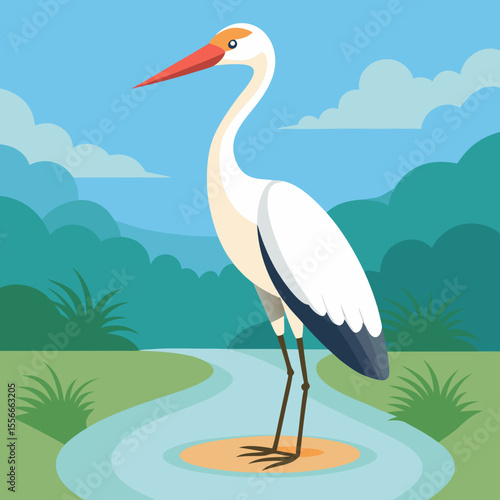 A graceful white heron stands in a shallow stream with a scenic background