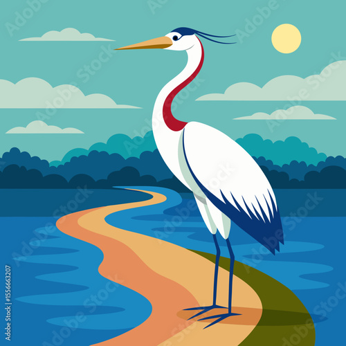 Elegant white heron stands on a sandy bank beside a winding river