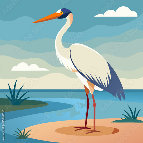 Stylized illustration of a great egret standing by a calm river with a soft blue sky