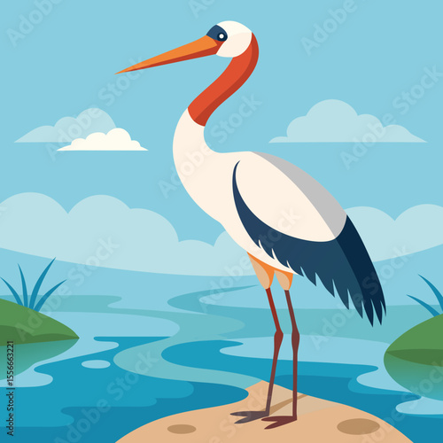 Stylized illustration of a white and orange long legged bird standing by a blue river