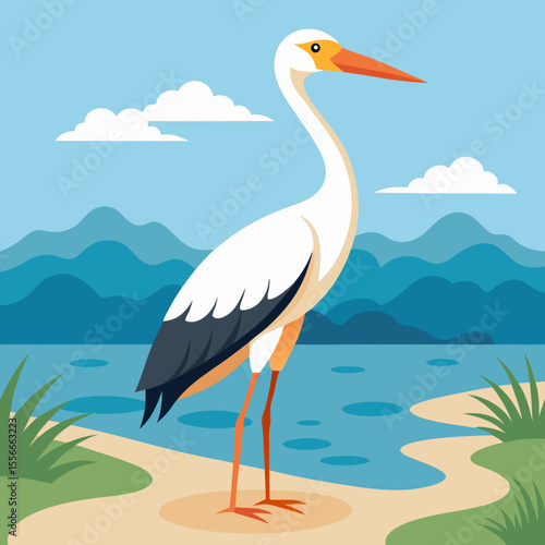 A white stork stands on a sandy shore next to a blue lake and mountains