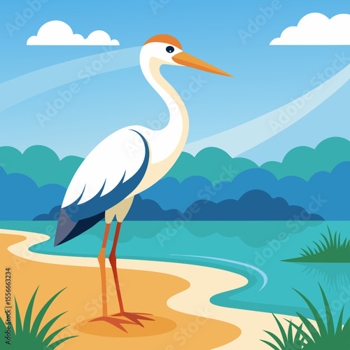 Graceful white heron standing on a sandy beach by the water