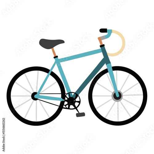 Modern teal bicycle with black wheels and tan handlebars on white background
