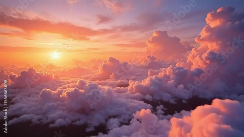 Dreamy orange sunset sky panorama shows fluffy clouds in a tranquil horizon landscape with soft colors and heavenly light.